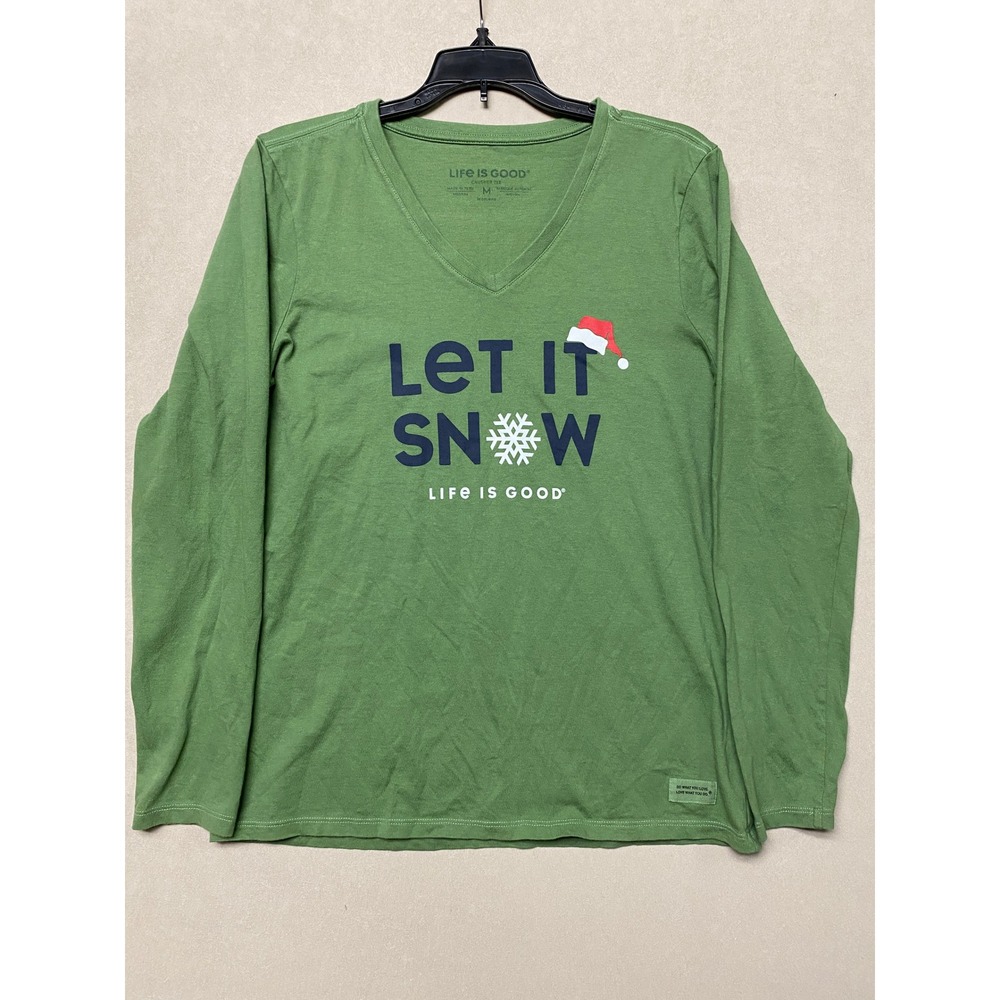Life is Good Womens Green Let It Snow Crusher Tee V-Neck Long Sleeve Shirt M